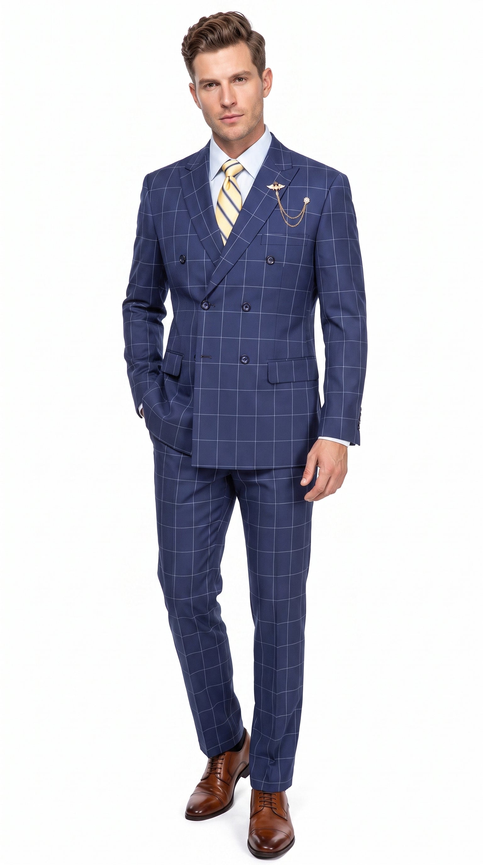 Mens Blue Plaid Double-Breasted Suit β Side-Vented Wedding, Business and Formal Suit