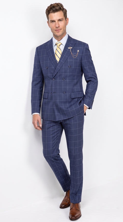 Mens Blue Plaid Double-Breasted Suit β Side-Vented Wedding, Business and Formal Suit