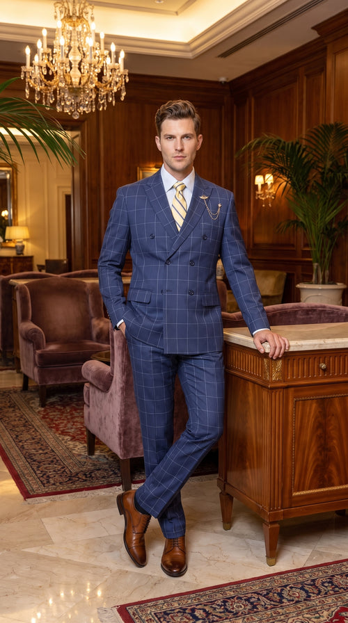 Mens Blue Plaid Double-Breasted Suit β Side-Vented Wedding, Business and Formal Suit