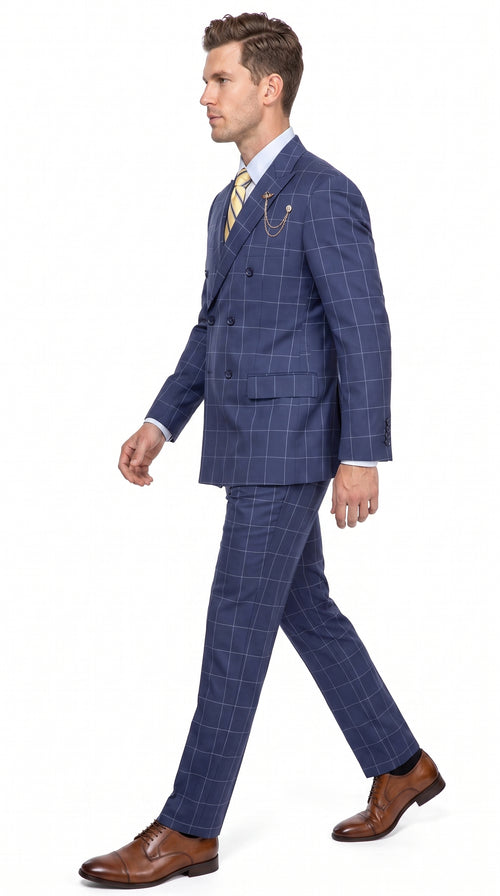 Mens Blue Plaid Double-Breasted Suit β Side-Vented Wedding, Business and Formal Suit