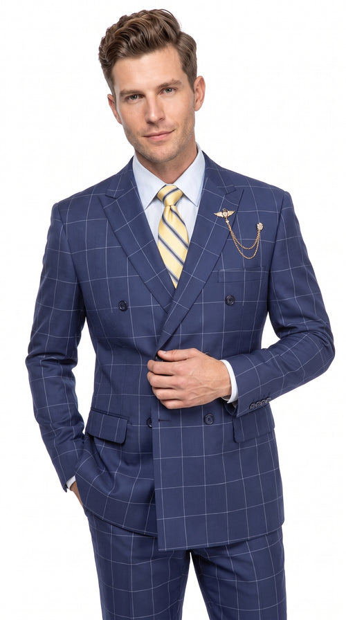 Mens Blue Plaid Double-Breasted Suit β Side-Vented Wedding, Business and Formal Suit