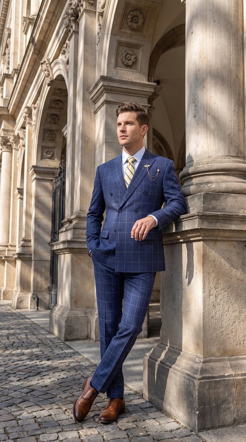 Mens Blue Plaid Double-Breasted Suit β Side-Vented Wedding, Business and Formal Suit