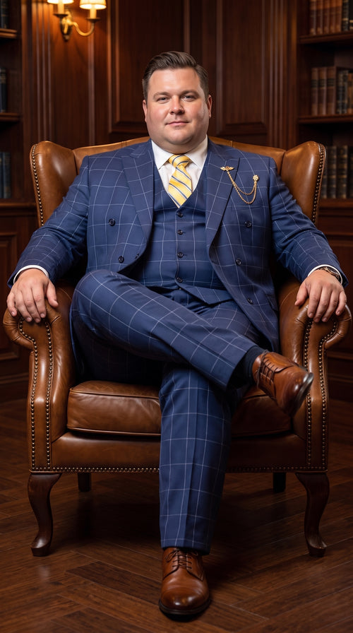 Mens Blue Plaid Double-Breasted Suit β Side-Vented Wedding, Business and Formal Suit