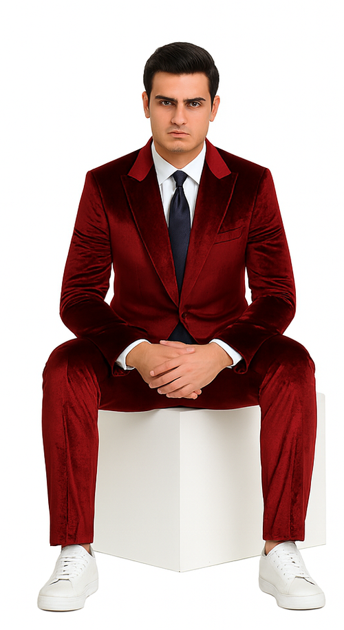 Men’s Burgundy Velvet Suit – Tazzio 2-Piece Slim Fit Peak Lapel Designer Formalwear