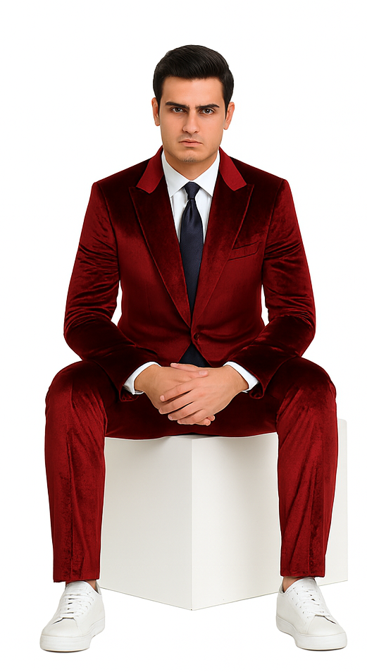 Men’s Burgundy Velvet Suit – Tazzio 2-Piece Slim Fit Peak Lapel Designer Formalwear