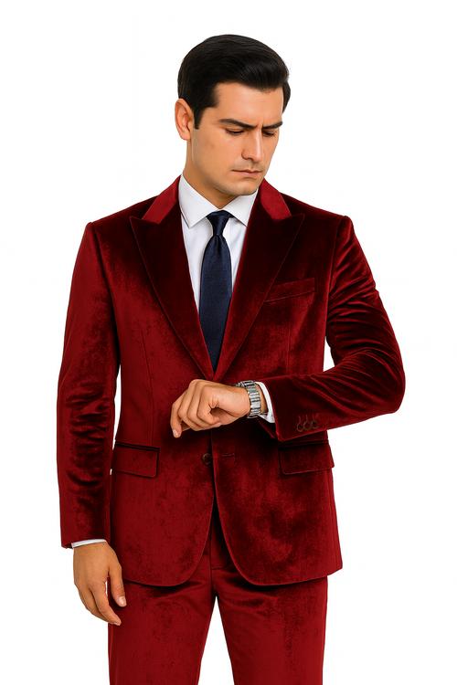 Men’s Burgundy Velvet Suit – Tazzio 2-Piece Slim Fit Peak Lapel Designer Formalwear