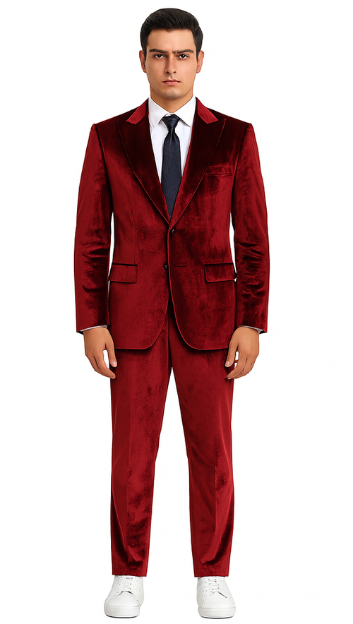 Men’s Burgundy Velvet Suit – Tazzio 2-Piece Slim Fit Peak Lapel Designer Formalwear