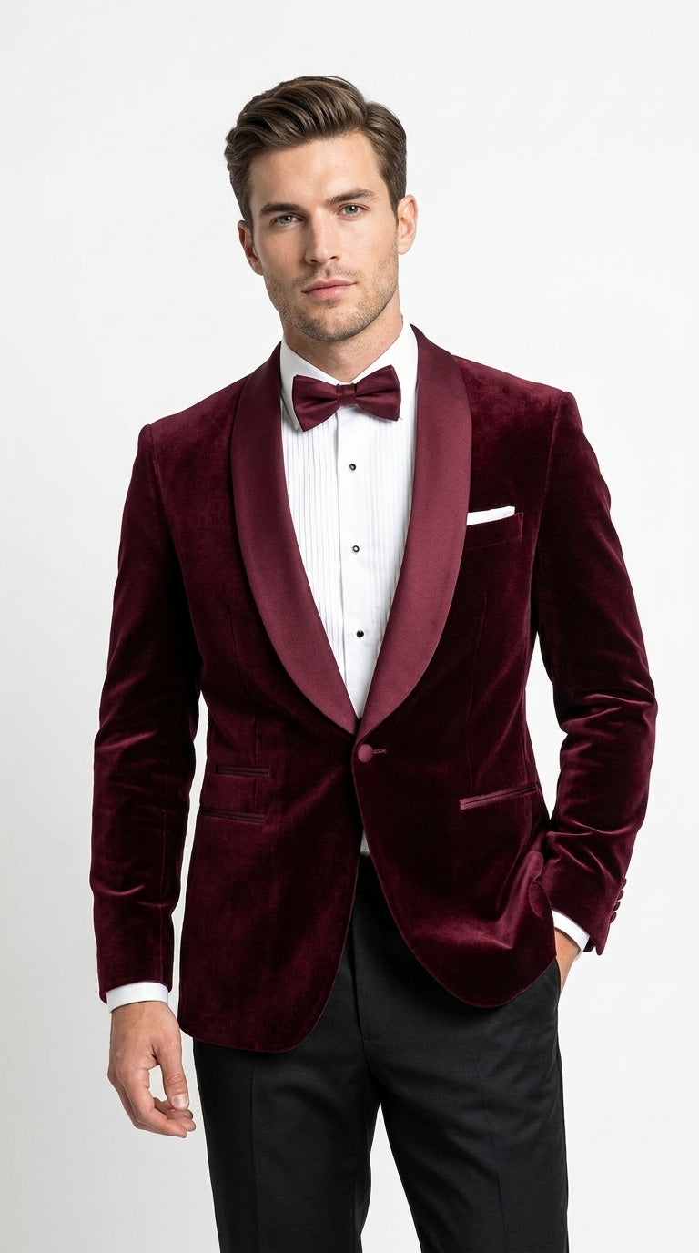 Men’s Burgundy with Burgundy Lapel Velvet Dinner Jacket – Shawl Lapel Tuxedo Blazer for Weddings & Formal Events
