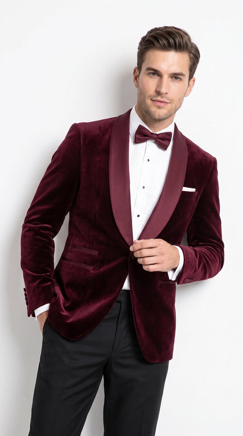 Men’s Burgundy with Burgundy Lapel Velvet Dinner Jacket – Shawl Lapel Tuxedo Blazer for Weddings & Formal Events