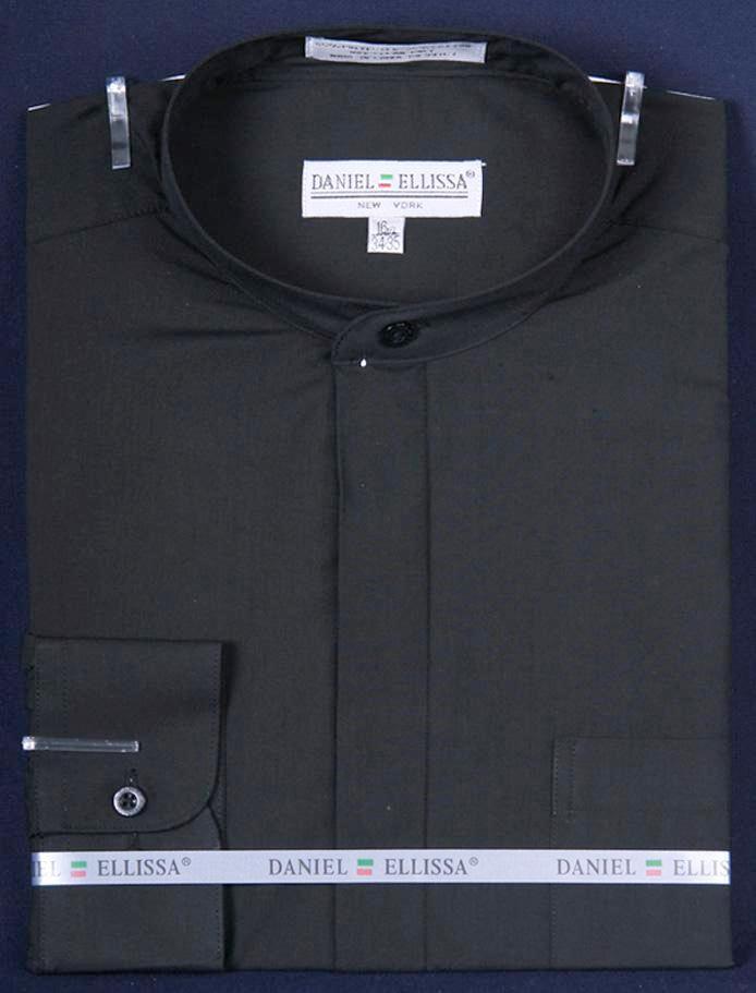 "Men's Daniel Ellissa Classic Black French Front Dress Shirt with Banded Collar" - USA Men's Outlet – SuitUSA