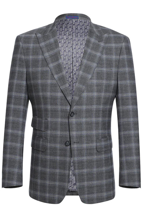 Men's English Laundry 2-Button Slim-Fit Suit w/ Peak Lapels & Ticket Pocket | Grey Blue Windowpane Plaid - Elegant Mensattire