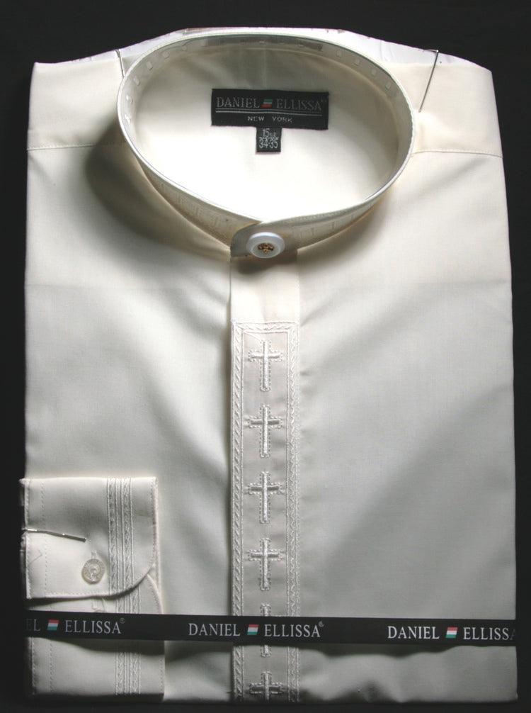 Men's Ivory Dress Clergy Shirt: Cross Embroidered Band Collar by Daniel Ellissa - USA Men's Outlet – SuitUSA