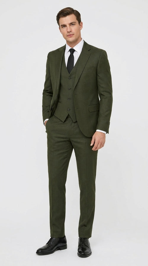 Men’s Military Green 3-Piece Suit – Slim Fit Wedding, Business & Formal Suit with Vested Set