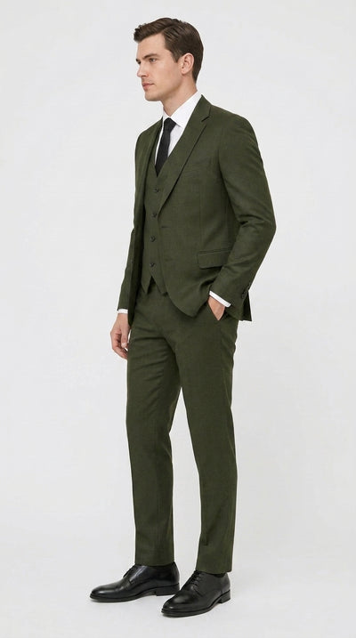 Men’s Military Green 3-Piece Suit – Slim Fit Wedding, Business & Formal Suit with Vested Set