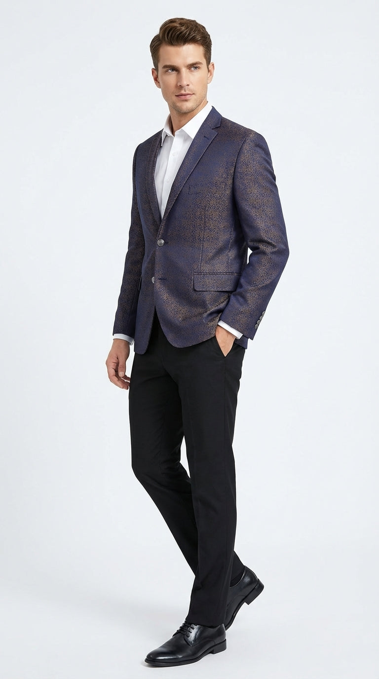 Men’s Navy Blue Plum Burgundy and Gold Jacquard Blazer – Elegant Two Button Formal Dinner Jacket Sport Coat Paisley Floral – SuitUSA