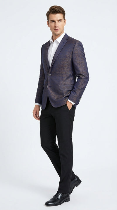 Men’s Navy Blue Plum Burgundy and Gold Jacquard Blazer – Elegant Two Button Formal Dinner Jacket Sport Coat Paisley Floral