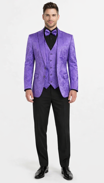 Men’s Purple Paisley Tuxedo Suit – 3 Piece Formal Set with Vest and Bow Tie