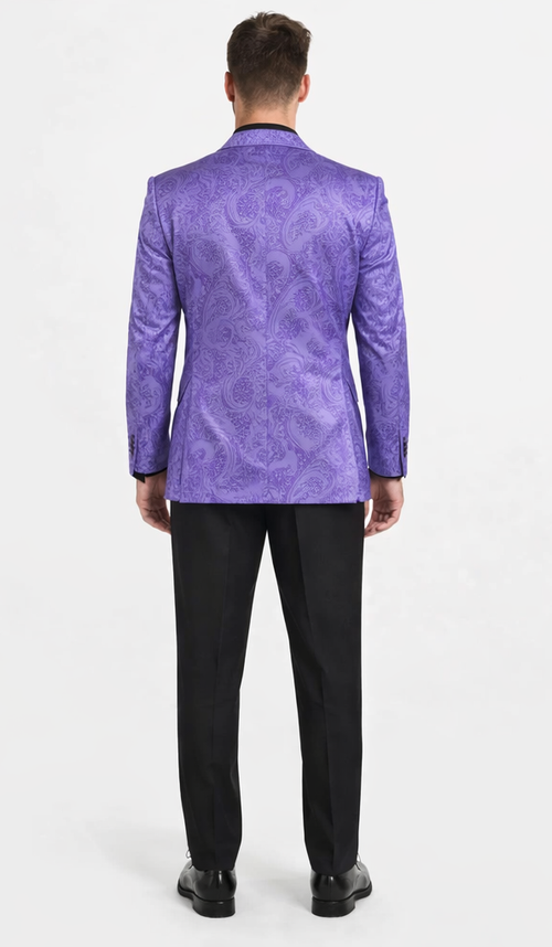Men’s Purple Paisley Tuxedo Suit – 3 Piece Formal Set with Vest and Bow Tie