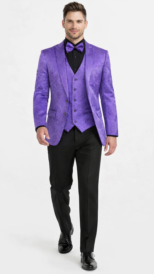 Men’s Purple Paisley Tuxedo Suit – 3 Piece Formal Set with Vest and Bow Tie