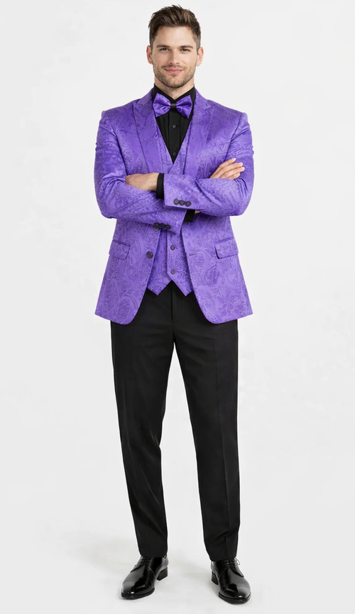Men’s Purple Paisley Tuxedo Suit – 3 Piece Formal Set with Vest and Bow Tie