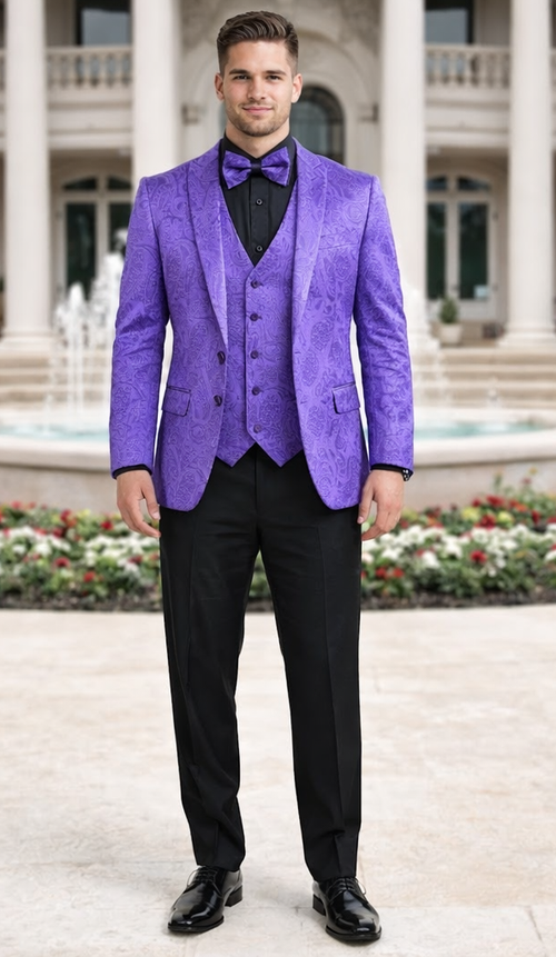 Men’s Purple Paisley Tuxedo Suit – 3 Piece Formal Set with Vest and Bow Tie