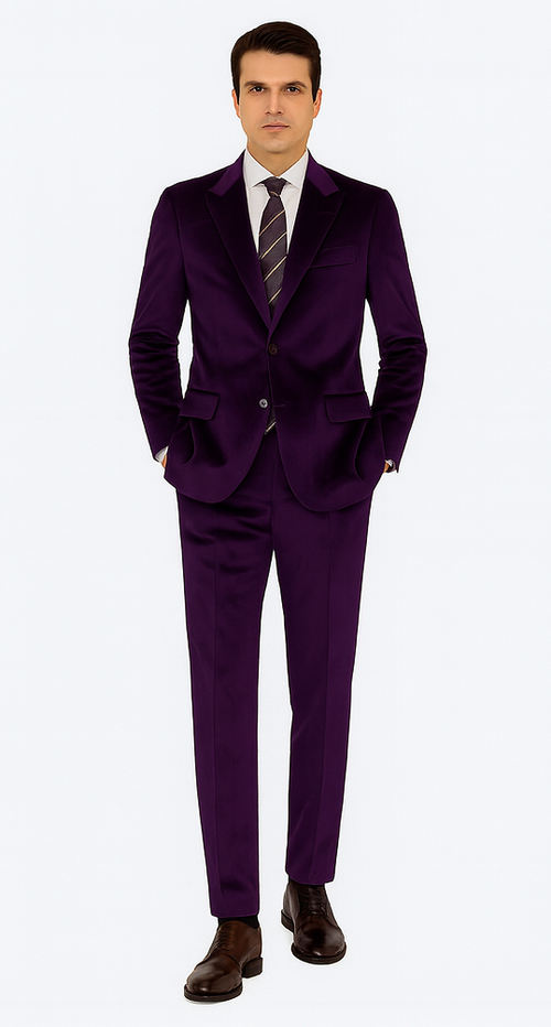 Purple Velvet Blazer and Pants Set – Tazzio 2-Piece Slim Fit Tuxedo Style Suit
