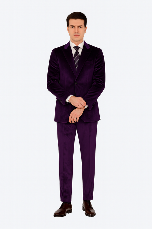 Purple Velvet Blazer and Pants Set – Tazzio 2-Piece Slim Fit Tuxedo Style Suit