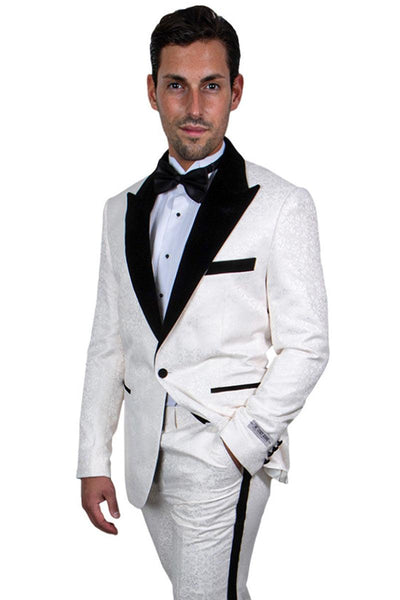 Men's Stylish Ivory & Black Stacy Adams Paisley Prom & Wedding Tuxedo - USA Men's Outlet