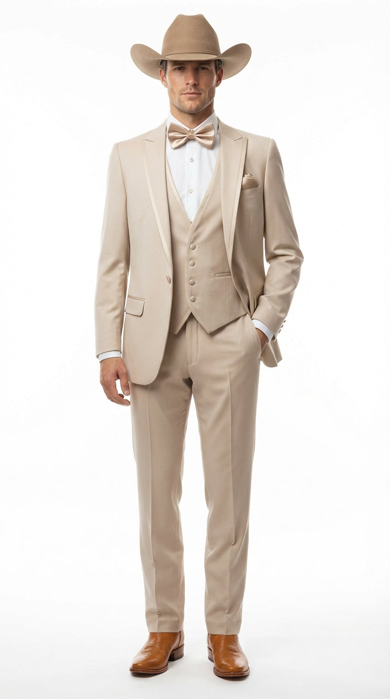 Men’s Tan Cowboy Three Piece Suit – Western Style Wedding and Formal Vested Suit – SuitUSA