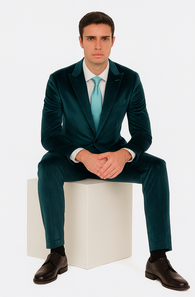 Men’s Velvet Suit in Teal – Tazzio Designer 2-Piece Slim Fit Tuxedo Style