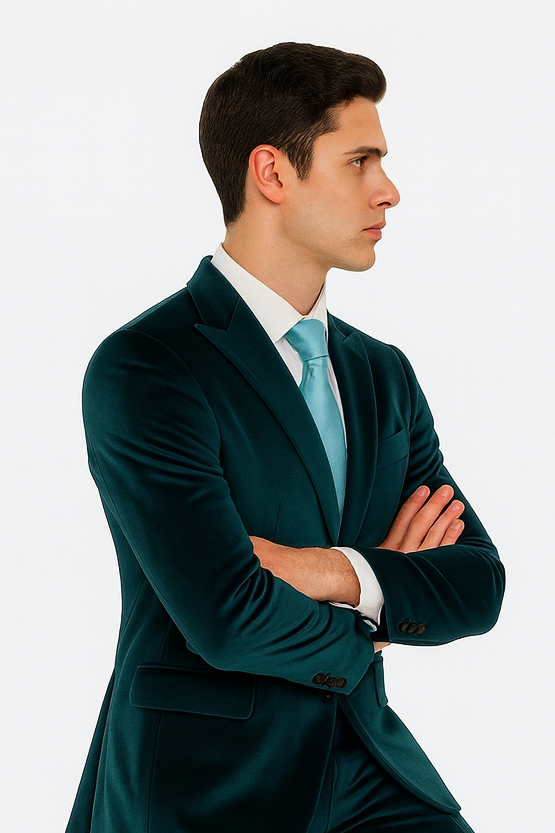 Men’s Velvet Suit in Teal – Tazzio Designer 2-Piece Slim Fit Tuxedo Style