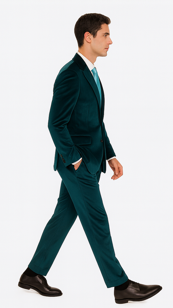 Men’s Velvet Suit in Teal – Tazzio Designer 2-Piece Slim Fit Tuxedo Style