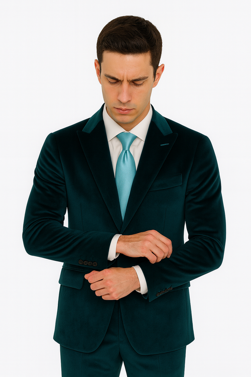 Men’s Velvet Suit in Teal – Tazzio Designer 2-Piece Slim Fit Tuxedo Style
