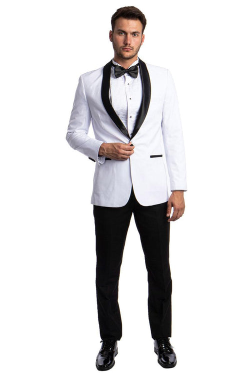 Men's White Azzuro Skinny-Fit Prom Tux with Shawl Collar & One Button Closure - Elegant Mensattire
