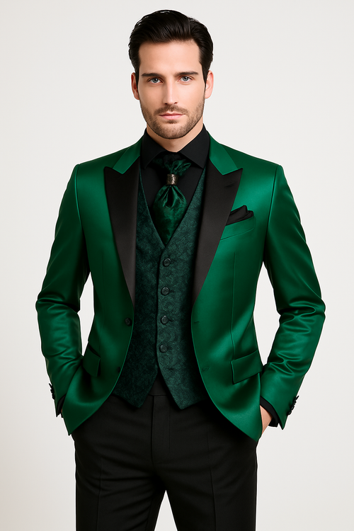 Men Shiny Satin Wedding Suits 2 Pieces Emerald Green Tuxedos Jacket by TuxedoUSA