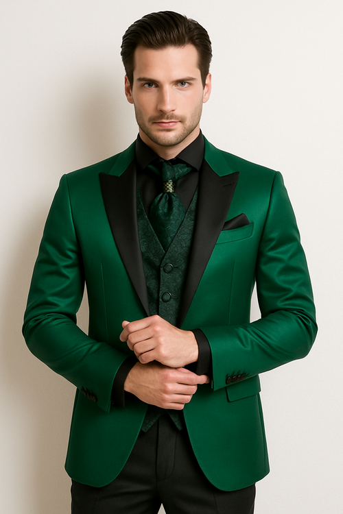 Men Shiny Satin Wedding Suits 2 Pieces Emerald Green Tuxedos Jacket by TuxedoUSA