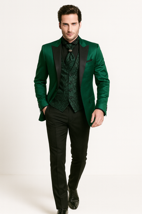 Men Shiny Satin Wedding Suits 2 Pieces Emerald Green Tuxedos Jacket by TuxedoUSA