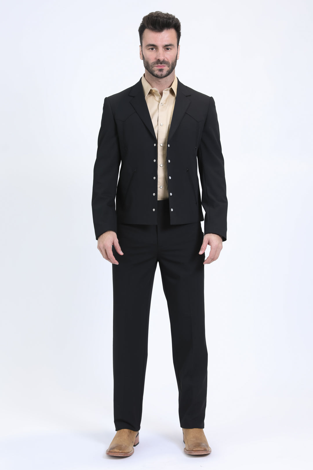 western formal dress for men Men's Black Suit – Classic Tailored Cowboy Look S MD5.13 ranch events Women's Spaghetti Strap Maxi Size:W34/L34