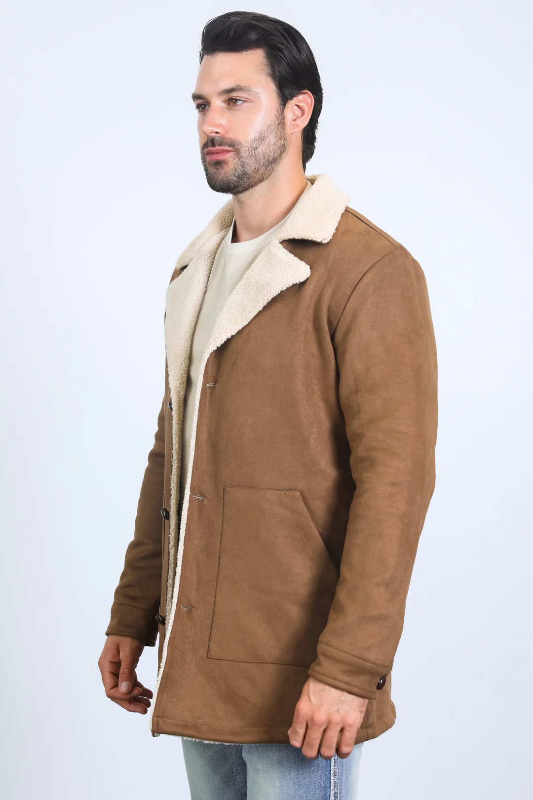 Mens Western Cowboy Long Coat – Brown Faux Suede Frontier Style Jacket