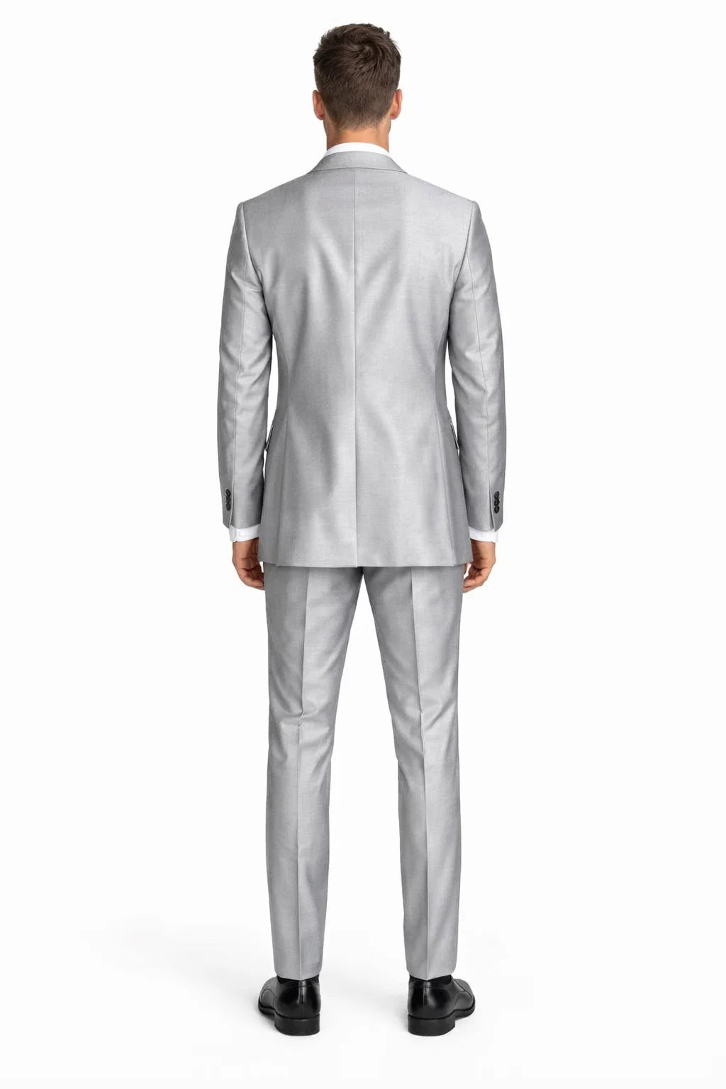 Mens 2 Button Peak Lapel Shiny Sharkskin Fabric Suit in Silver