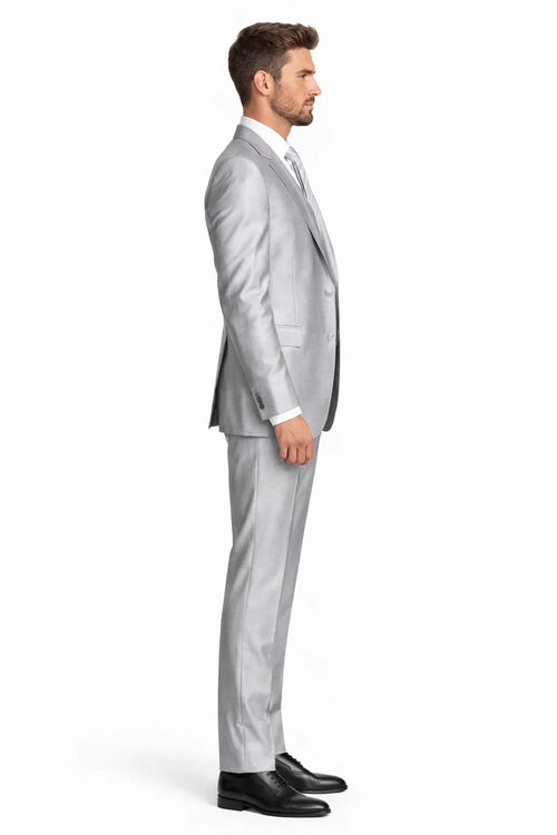 Mens 2 Button Peak Lapel Shiny Sharkskin Fabric Suit in Silver