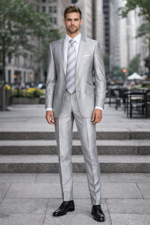 Mens 2 Button Peak Lapel Shiny Sharkskin Fabric Suit in Silver