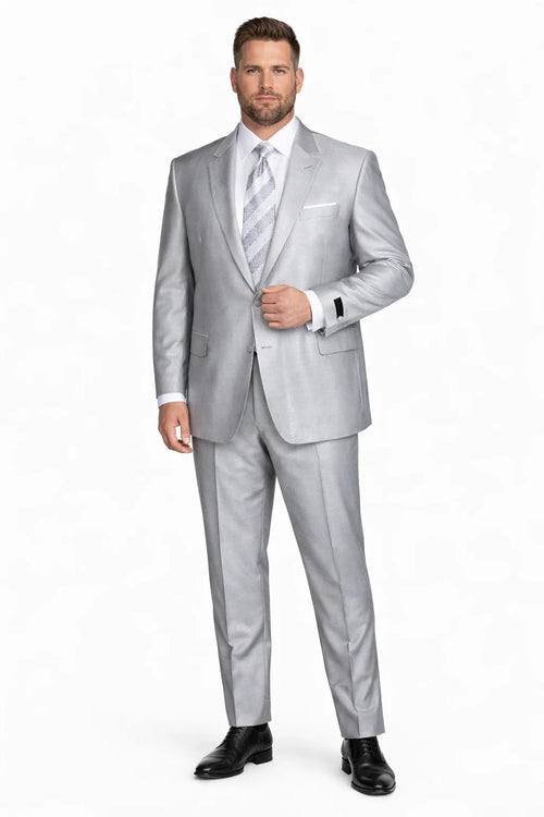Mens 2 Button Peak Lapel Shiny Sharkskin Fabric Suit in Silver