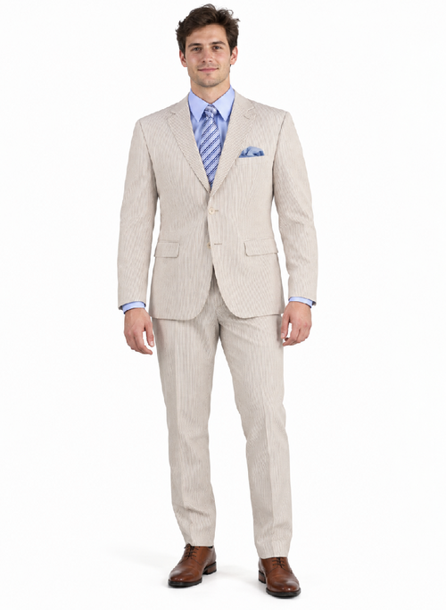Men's 2PC Summer Seersucker Modern Fit Tan Pinstripe Suit