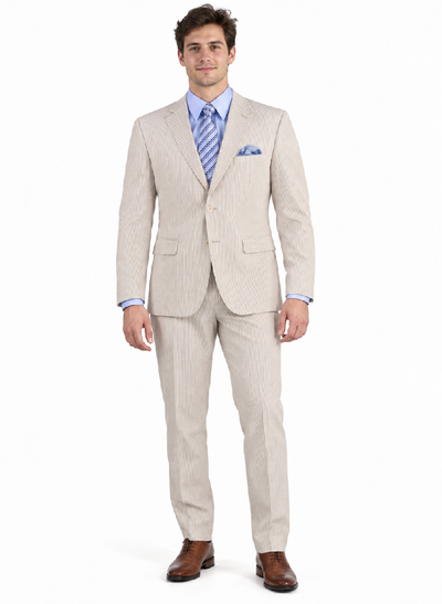 Men's 2PC Summer Seersucker Modern Fit Tan Pinstripe Suit