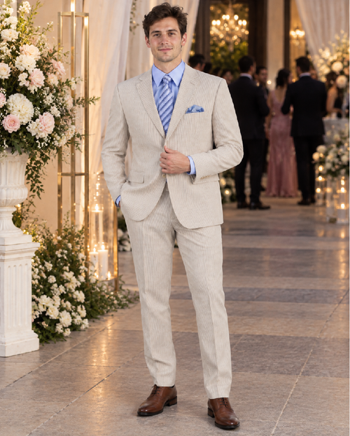 Men's 2PC Summer Seersucker Modern Fit Tan Pinstripe Suit