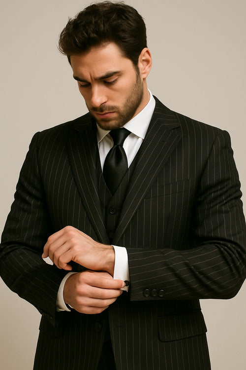 Men's 3-Piece Black Bold White Chalk Bold Pinstripe Vested Cheap Priced Business Suits Clearance Sale