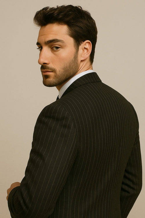 Men's 3-Piece Black Bold White Chalk Bold Pinstripe Vested Cheap Priced Business Suits Clearance Sale