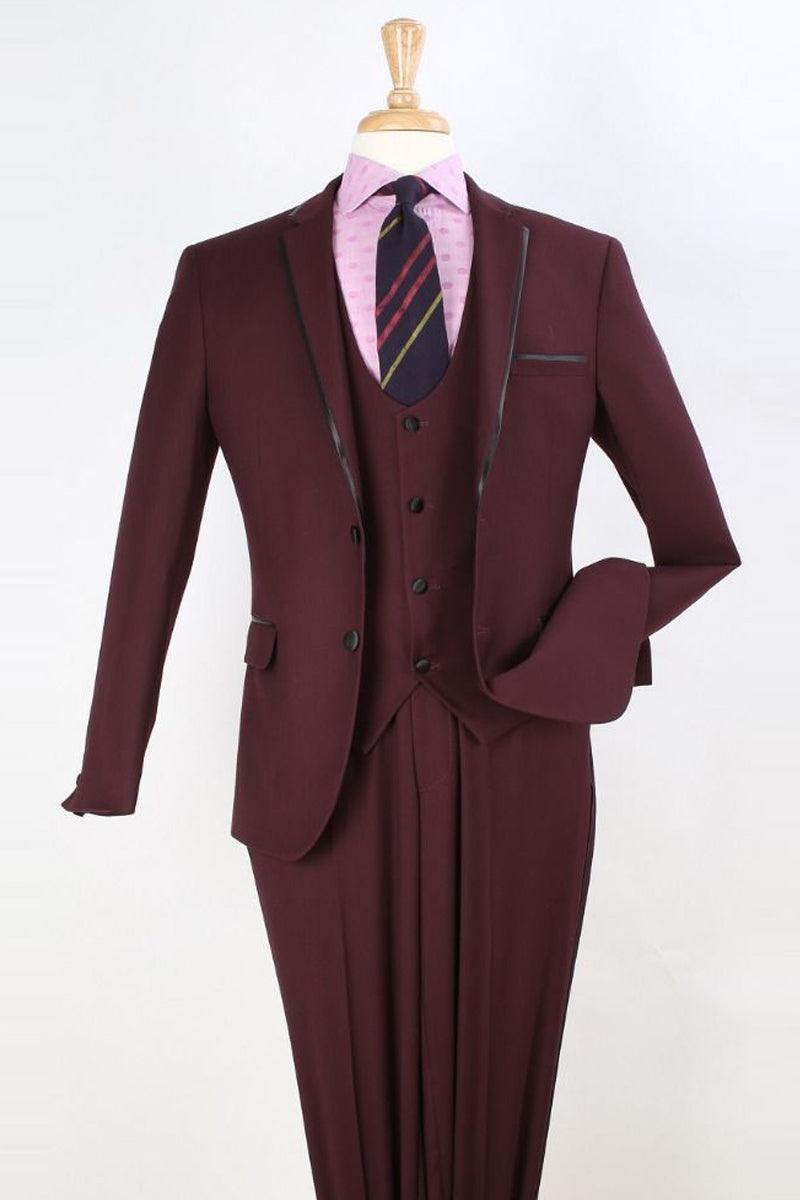 Mens Apollo King Burgundy Vested Clim Fit Tuxedo Suit w/ Trim - Elegant Mensattire