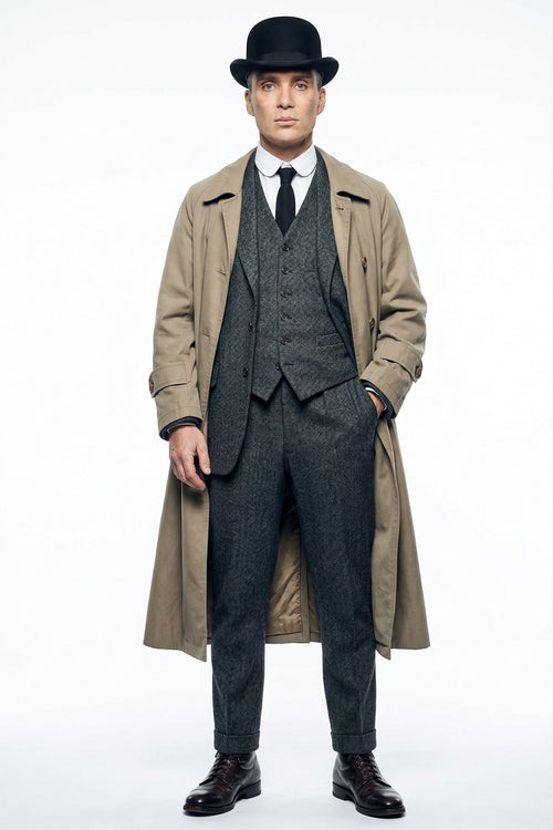 Mens Beige Vintage Style Trenchcoat Overcoat + Suit + Hat β Classic Long Trench Coat Inspired by Peaky Blinders Formal 1920s Package